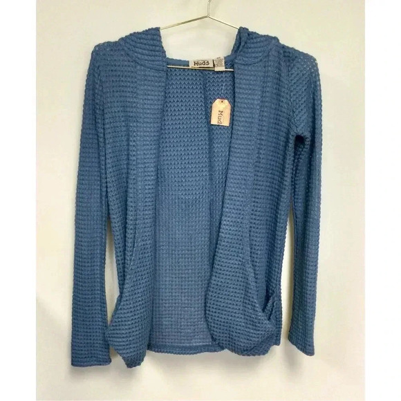 Mudd Womens Light Blue Knit Hooded Open Front Wrap Cardigan Size XS NWT - Picture 1 of 10